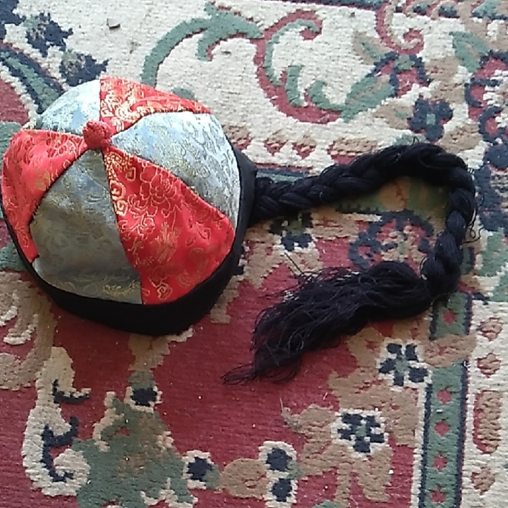 Embroidered Red and Light Blue Traditional Men’s Cap with Black Braid